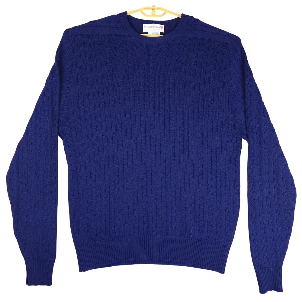 Clan Douglas Extrafine Merino Wool Cable Knit Sweater Blue Made in Scotland XL